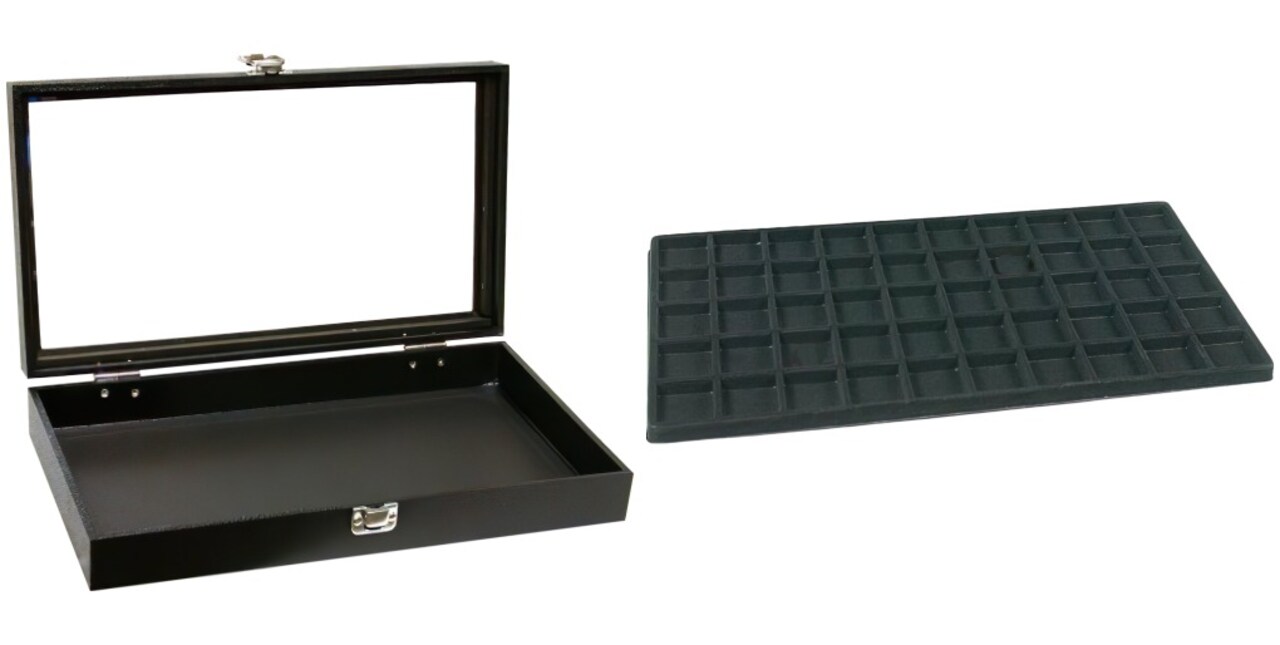 Black Glass-top Jewelry Case (Single metal latch) w/ Black 50-slot Plastic Tray